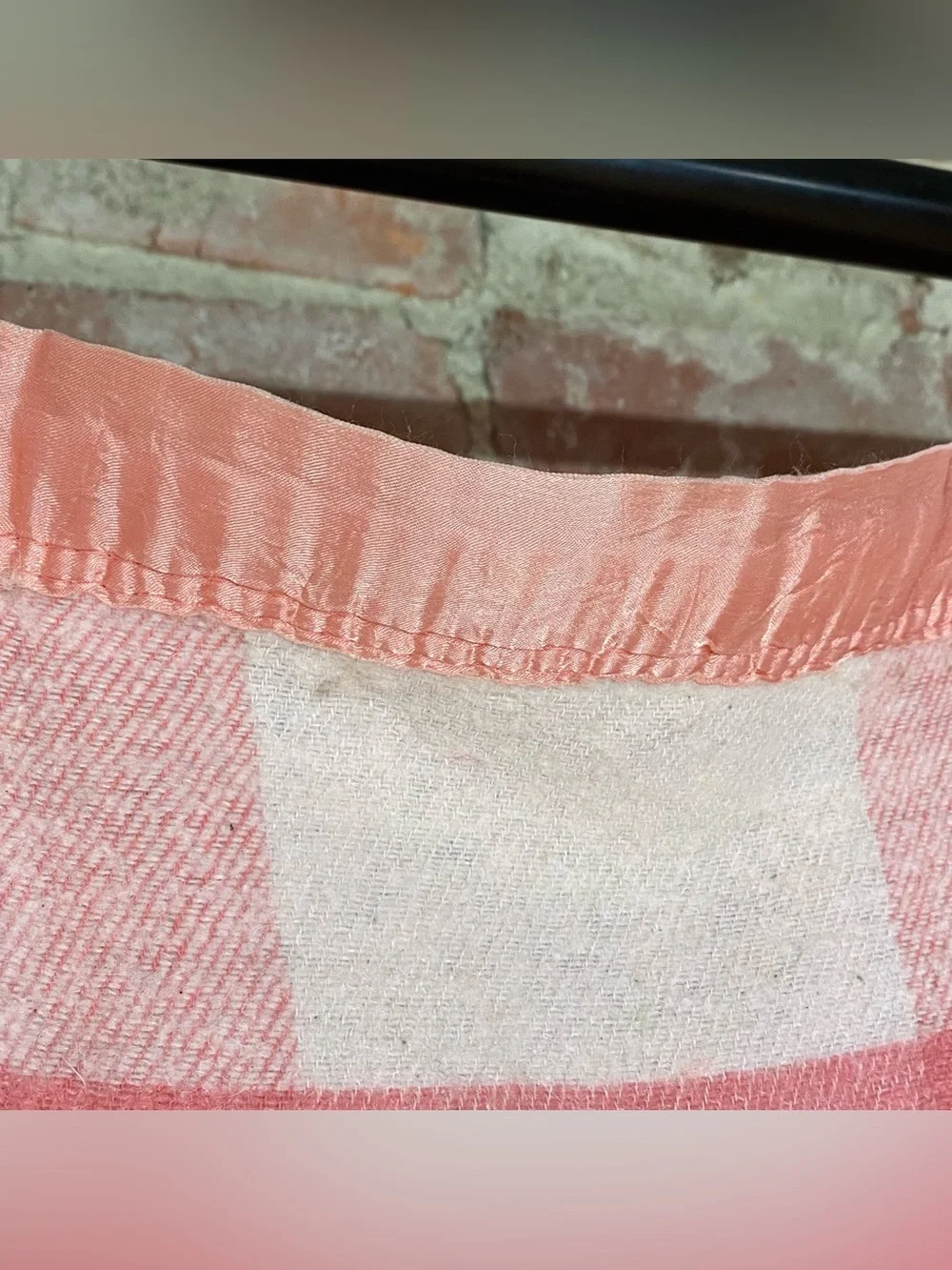 Vintage Pink White Plaid Wool Camp Blanket 61” x 79” Satin Edge